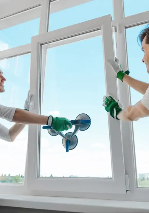 A team of glaziers underaking a glass replacement service, holding a glass panel and putting it into place.